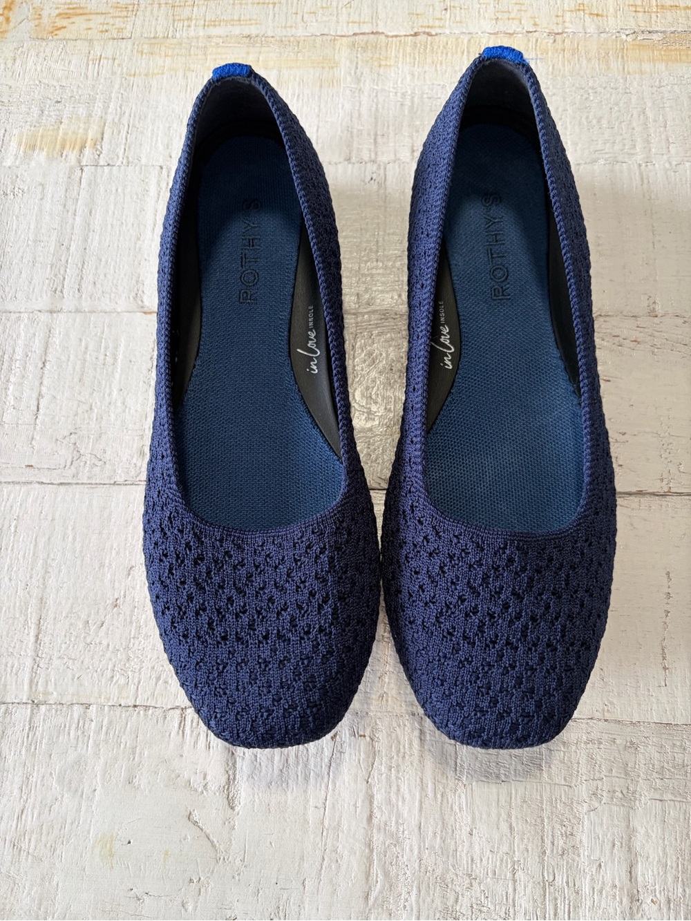 Rothy’s the Max Square in Deep Navy Crochet size 8.5 Knit Flats In Love Insoles - Picture 2 of 14